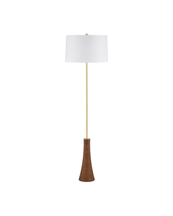 Currey & Company Lathe Turned Beechwood Floor Lamp with Brushed Brass Stem for Modern Living Rooms 8000-0175