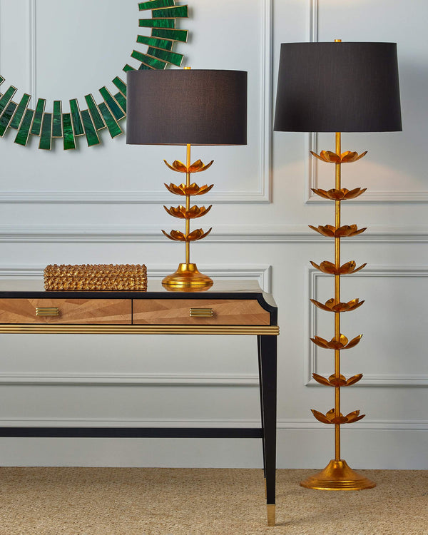 Currey & Company Awakening Lotus Floor Lamp Gold Leaf Iron Sculptural Statement for Glam Interiors 8000-0177