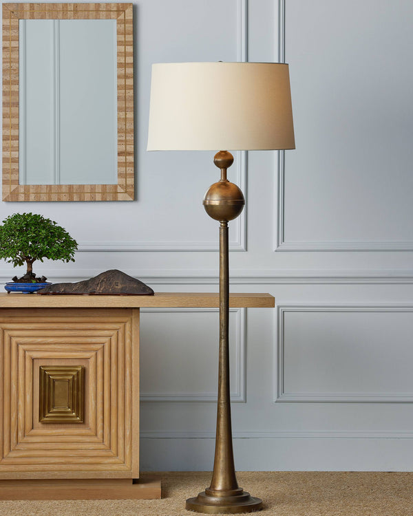 Currey & Company Boullee Antique Brass Floor Lamp Cast Aluminum Trumpet Column Traditional Interior 8000-0179