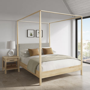 New Pacific Direct Bloomfield Queen Canopy Bed Set Natural Pine, Brown 100% Polyester, Solid Pine Wood 8000080-npd