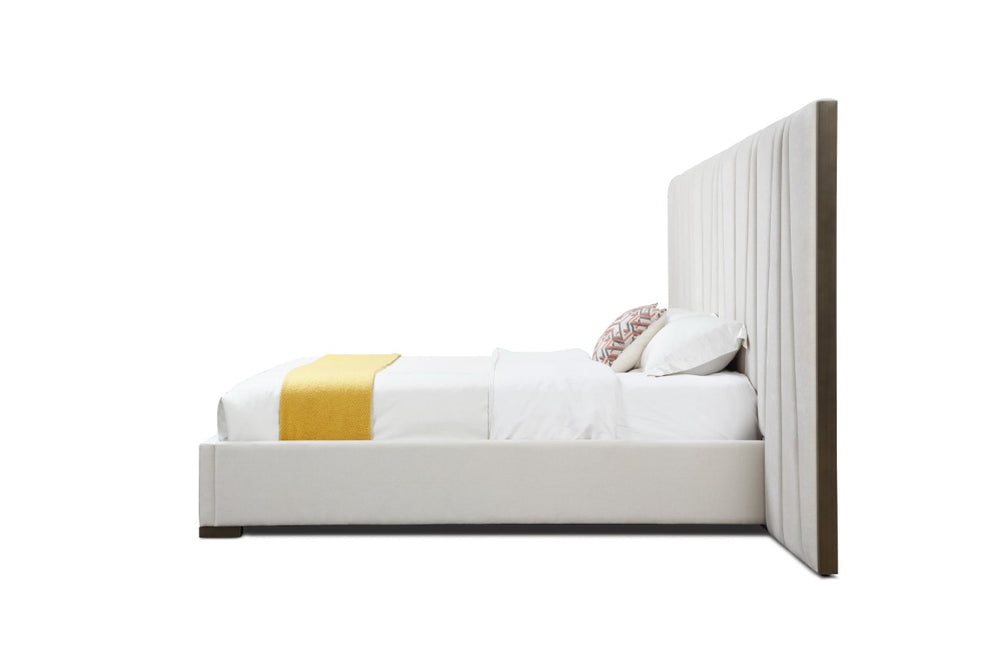 VIG Furniture Nixa Beige Velvet Bed With Brushed Bronze Accents, Wide Channel Headboard & Low Slatted Frame VGVC-BD1909-BED-BGE-eastern