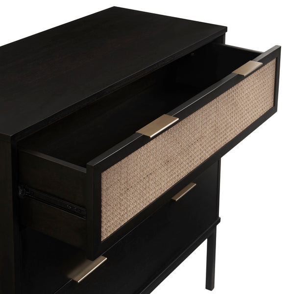 New Pacific Direct Caine Contemporary Rattan Chest With 3 Drawers – Sleek Black Frame, Brass Handles, Easy Assembly Black  8000062-b-npd
