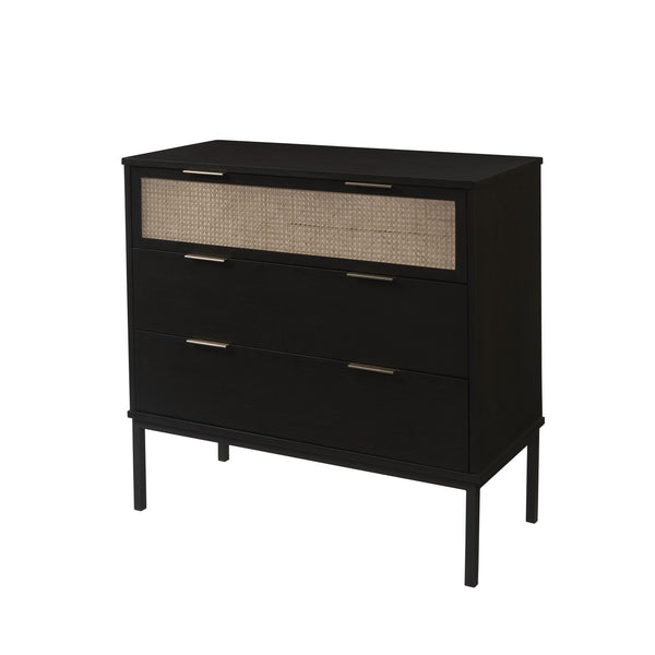 New Pacific Direct Caine Contemporary Rattan Chest With 3 Drawers – Sleek Black Frame, Brass Handles, Easy Assembly Black  8000062-b-npd
