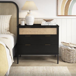 New Pacific Direct Caine Contemporary Rattan Chest With 3 Drawers – Sleek Black Frame, Brass Handles, Easy Assembly Black  8000062-b-npd