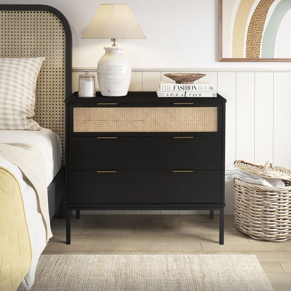 New Pacific Direct Caine Contemporary Rattan Chest With 3 Drawers – Sleek Black Frame, Brass Handles, Easy Assembly Black  8000062-b-npd