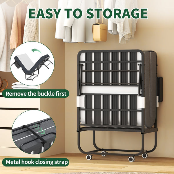 English Elm 75 Folding Bed with 5" Memory Foam Mattress, Tall 75" Rollaway Twin, 450lb Capacity, Slim Storage Wheels T2398P403868