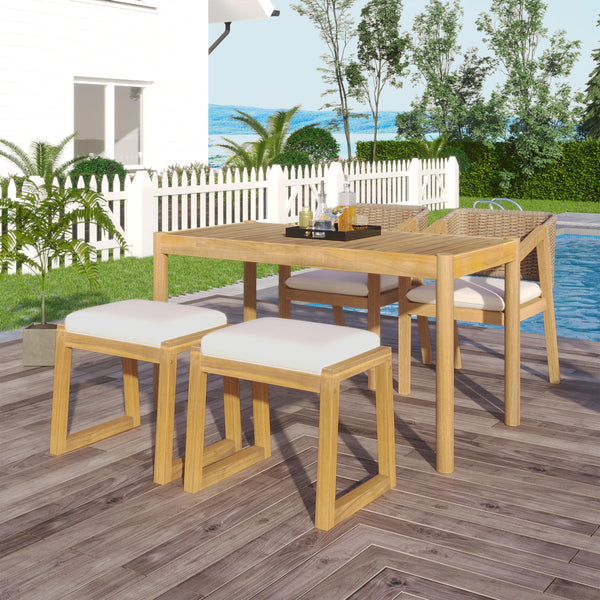 English Elm Christopher Knight Home® - Acacia Teak Outdoor Dining Set of 5 with Cushioned Chairs & Benches, Weatherproof Acacia Wood Patio N779P191976T_N779P210772L_N779P210771L