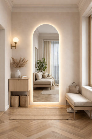 English Elm 65" Arch Full Length Wall Mirror with Dimmable Led Lighting for Bedroom or Entryway W2709P435584