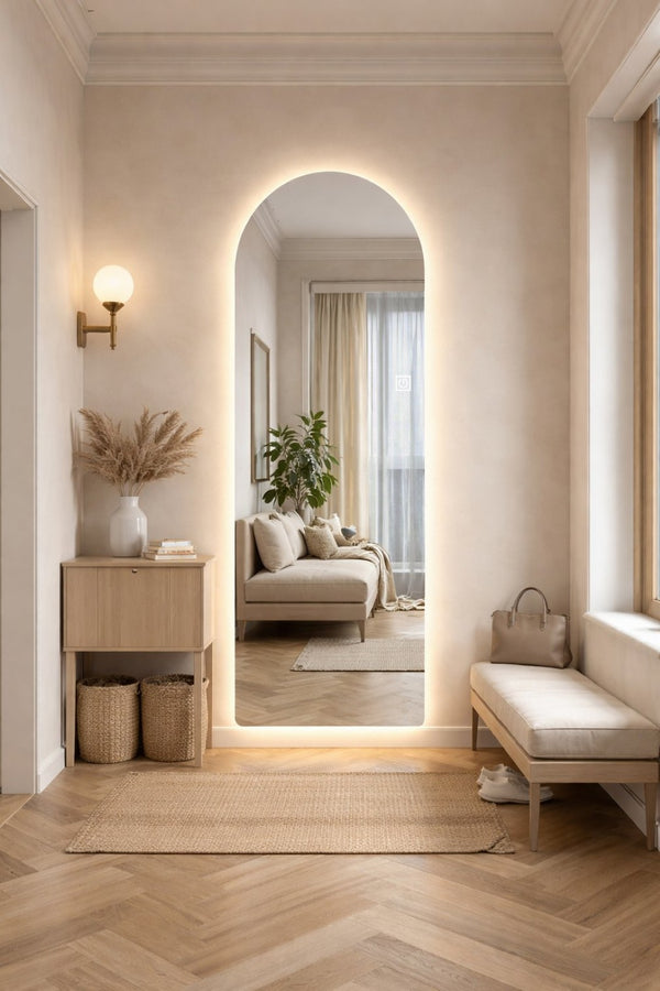 English Elm 65" Arch Full Length Wall Mirror with Dimmable Led Lighting for Bedroom or Entryway W2709P435584