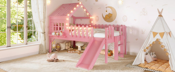 English Elm Twin Playhouse Loft Bed Solid Pine Frame with Slide Led Lights and Star Roof Pink W5316S00003