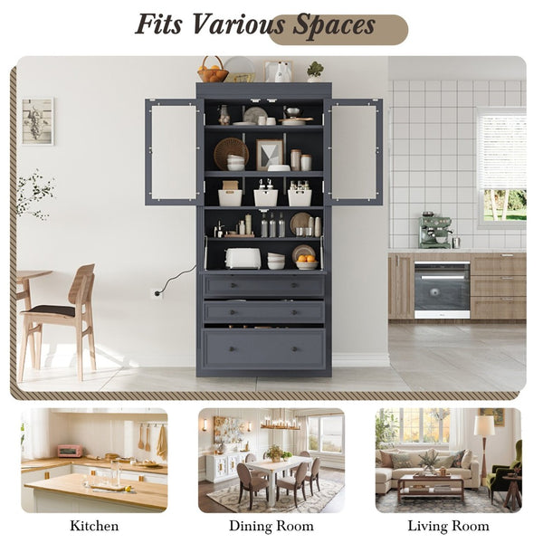 English Elm Topmax Shaker Pantry Cabinet with Drawers Power Outlet and Glass Doors SP000094AAE