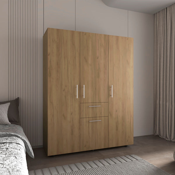 English Elm Armoire, Spacious Engineered Wood Wardrobe with Two Drawers, Hanging Rod and Hidden Storage Appeal Natural Wood 74.41 L x 23.23 W x 3.94 H B097S00195