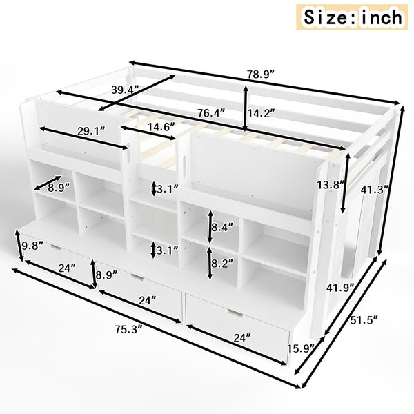 English Elm Full Bunk Bed with Trundle Bookshelf Storage Pine Frame Car Design for Kids W1580S00397