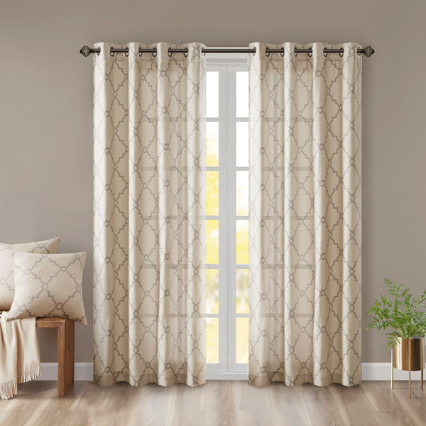 JLA Home Madison Park - Fretwork Metallic Fretwork Curtain Panel with Basket-Weave Cotton Blend, Gunmetal Grommet Top Finish Beige/Grey MP40-1279