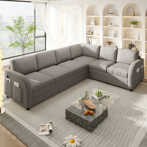 English Elm 115.2" Oversized Teddy Fabric Sectional Sleeper Sofa with Usb Ports and Modular Chaise Light Grey W1885S00317