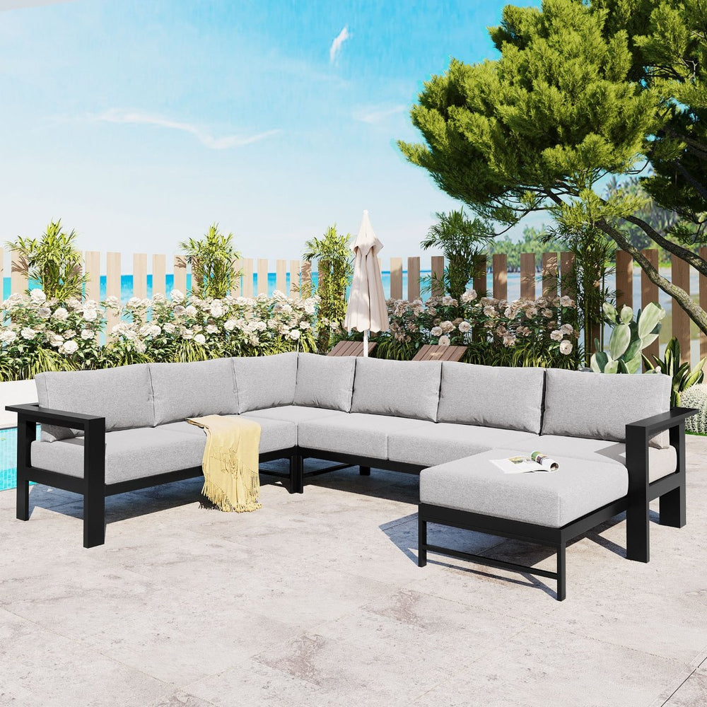 English Elm U_style Outdoor U-shaped Sectional with Iron Frame and Ultra Thick Foam Patio Seating WY000478AAE