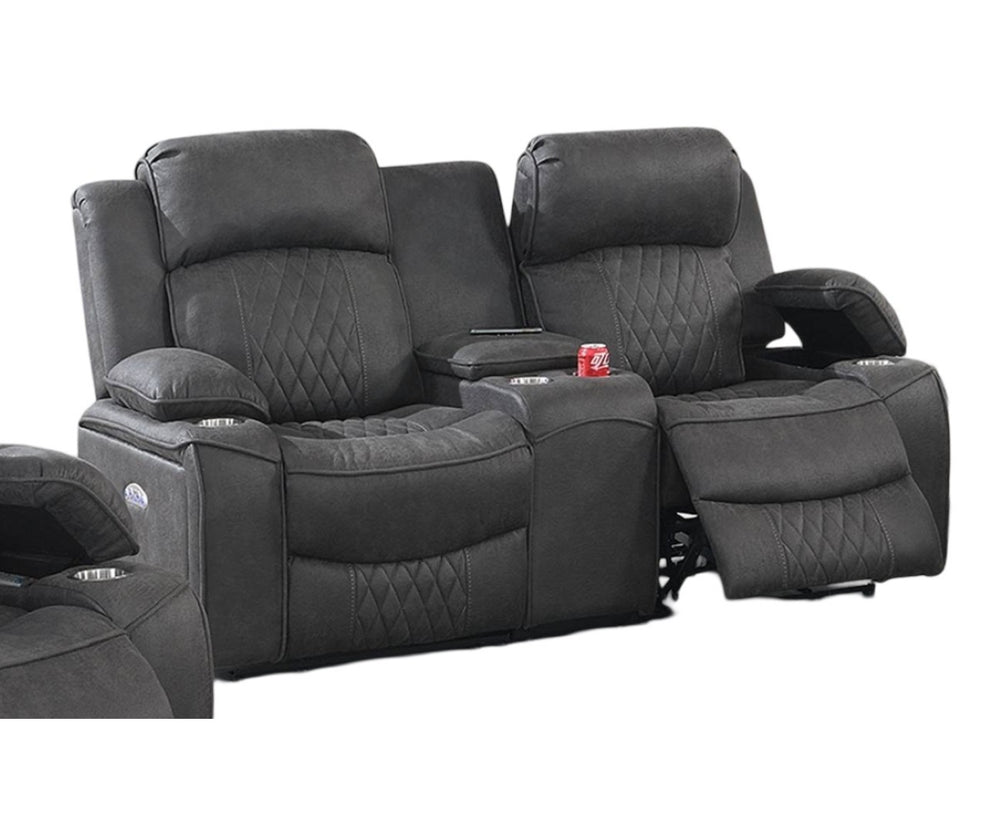 English Elm Power Motion Loveseat: Contemporary Charcoal Gel Leatherette With Usb, Cup Holders & Storage Arms B011S01068-GIGA