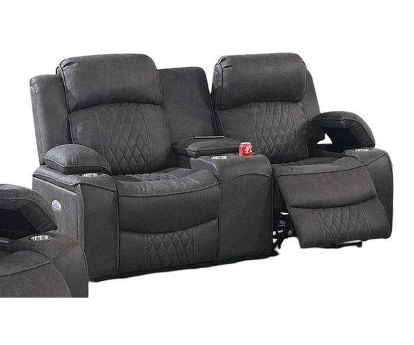 English Elm Power Motion Loveseat: Contemporary Charcoal Gel Leatherette With Usb, Cup Holders & Storage Arms B011S01068-GIGA
