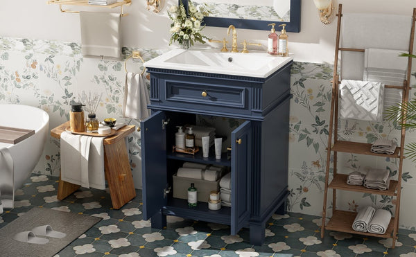 English Elm 24'' Carved Farmhouse Bathroom Vanity with Ceramic Sink Soft Close Storage Cabinet Blue N710P446530C