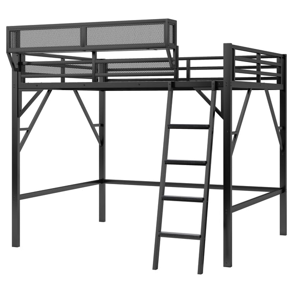 English Elm Queen Size Metal Loft Bed with Ladder and Built-In Storage Shelves, High Durable Black Frame, 400LB Capacity W2580P316650