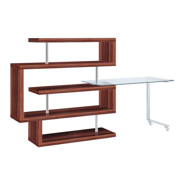 English Elm Buck Buck II Clear Glass Writing Desk with Chrome High Gloss Walnut Finish, Shelves, Wheels B2726S00028