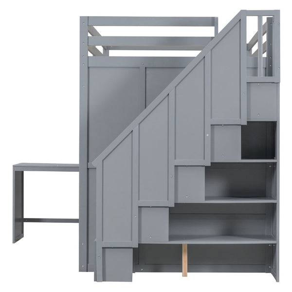 English Elm Full Size Loft Bed with Built-in Desk Wardrobe and Shelves for Teen Bedroom LT100679AEE