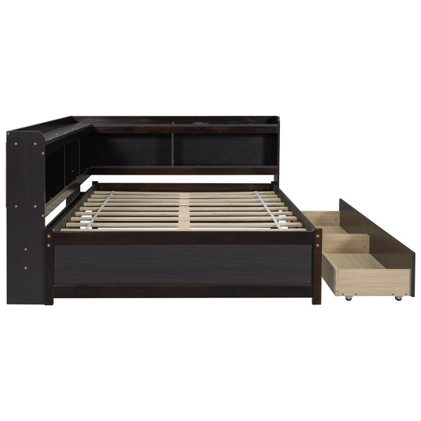 English Elm Full Size L-Shaped Bed With Bookcases, Usb Ports & Storage Drawers - Smart Space-Saving Solution! W504S00220
