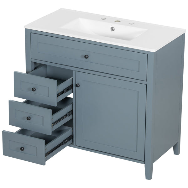 English Elm 36-Inch Blue Gray Modern Bathroom Vanity With Durable Rubberwood Cabinet, Sink & 3 Drawers For Storage N725P350821E