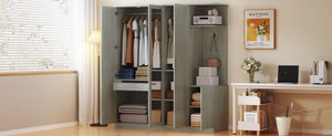 English Elm 4-Door Wardrobe with Full-Length Mirror, Dust-Proof Compartments, Shoe Door & Anti-Tip Safety Features Gray N820S00056E