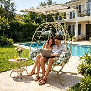 English Elm 2-person Wicker Egg Swing Chair with Canopy Stand Cushions Outdoor Patio Lounge T5880P502249