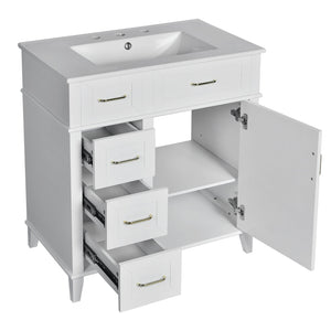 English Elm 30-Inch Bathroom Vanity with Ceramic Sink, Gold Handles, Solid Wood Frame and Soft-Close Drawers White N729P195052K