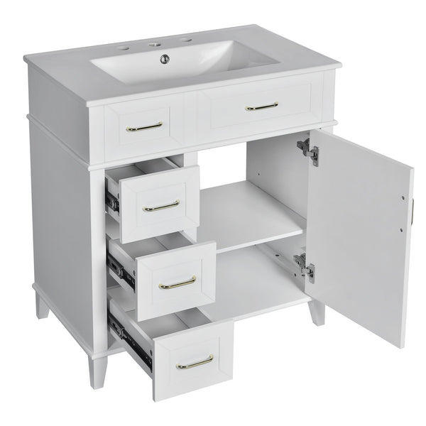 English Elm 30-Inch Bathroom Vanity with Ceramic Sink, Gold Handles, Solid Wood Frame and Soft-Close Drawers White N729P195052K