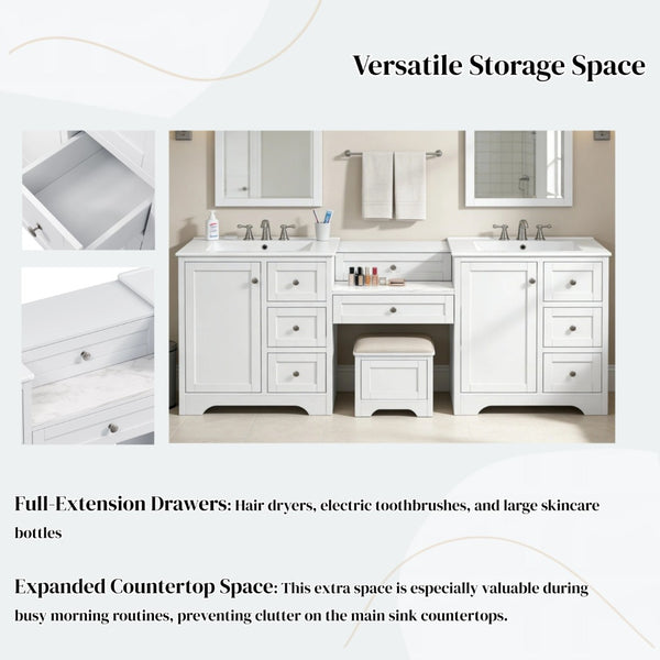 English Elm 84" Double Sink Vanity with Stone Countertop Six Soft Close Drawers and Silver Knobs White N817P404196W