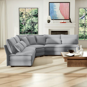 English Elm 5-seater Curved Corner Sectional Sofa Ribbed Corduroy Upholstery with Seven Accent Pillows W2606S00015