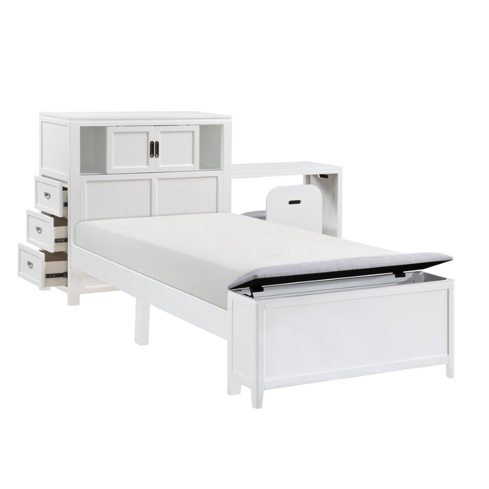 English Elm Gray Twin Platform Bed with Bookcase Headboard Hidden Desk Stool and Footboard Bench White B011S02324