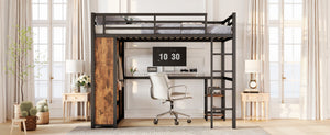 English Elm Queen Size Loft Bed Frame With Integrated Wardrobe, Desk & Storage Shelves For Space-Saving Style W1580S00178-GIGA