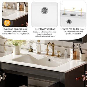 English Elm 30" Rustic Bathroom Vanity Espresso with Ceramic Sink, Soft-Close Doors, Adjustable Shelves, Open-Back Plumbing-Friendly Storage N729P290712P