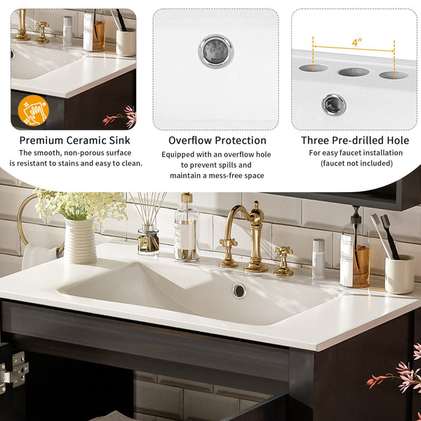 English Elm 30" Rustic Bathroom Vanity Espresso with Ceramic Sink, Soft-Close Doors, Adjustable Shelves, Open-Back Plumbing-Friendly Storage N729P290712P
