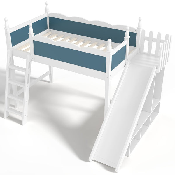 English Elm Twin Loft Bed Solid Pine Frame with Wardrobe Shelving Detachable Slide Kids Room White+Blue W5305S00019