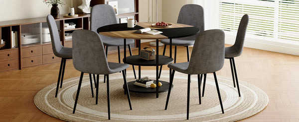 English Elm Table and Chair Set Sunburst Mdf Round Dining for Six with Dual Shelf Black Metal Legs W1151S03850