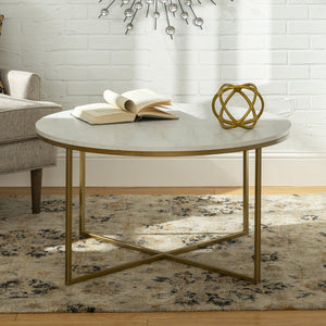 English Elm Walker Edison - Modern Glam Round Faux Marble Coffee Table with Gold X-Base, Sturdy Metal Frame, Chic Mid-Century Appeal B185P326703