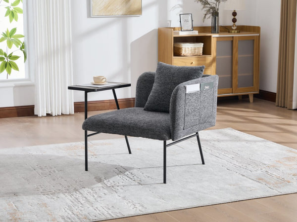 English Elm Leisure Linen Accent Chair with Built-in Side Table Pockets and Lumbar Pillow Modern Dark Gray W395P453309