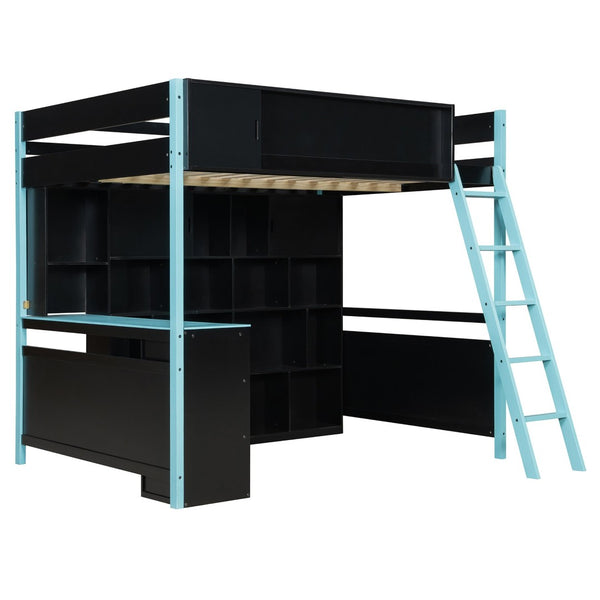 English Elm Full Size Gaming Loft Bed with Led Lighting Desk Drawers and Display Shelving Blue LT000263AAC