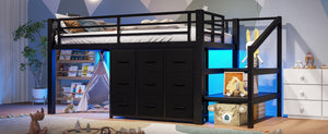 English Elm Twin Metal Low Loft Bed with Storage Stairs Fabric Drawers and Built-in Lights Black W5305S00045