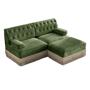 English Elm L-shaped Velvet Sectional Sofa Tufted Chesterfield Style with Tassel Skirt for Living Room Green W714S01704