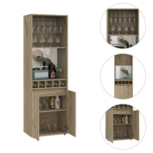 English Elm Redding Floor Bar Cabinet with Wine Cubbies Glass Rack and Open Display Shelves B128S00156