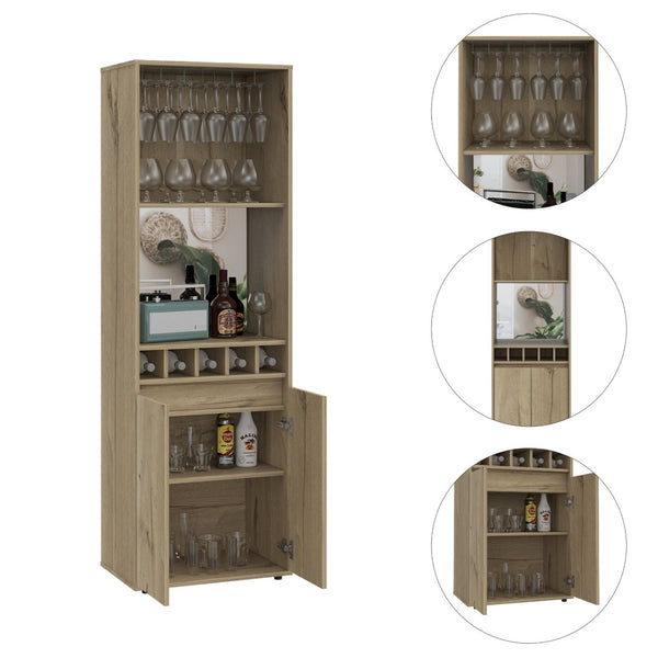 English Elm Redding Floor Bar Cabinet with Wine Cubbies Glass Rack and Open Display Shelves B128S00156