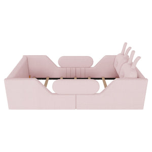 English Elm Twin Kids Platform Bed Teddy Fabric Upholstered with Bunny Cushions and Safety Rails Pink W2593P395807