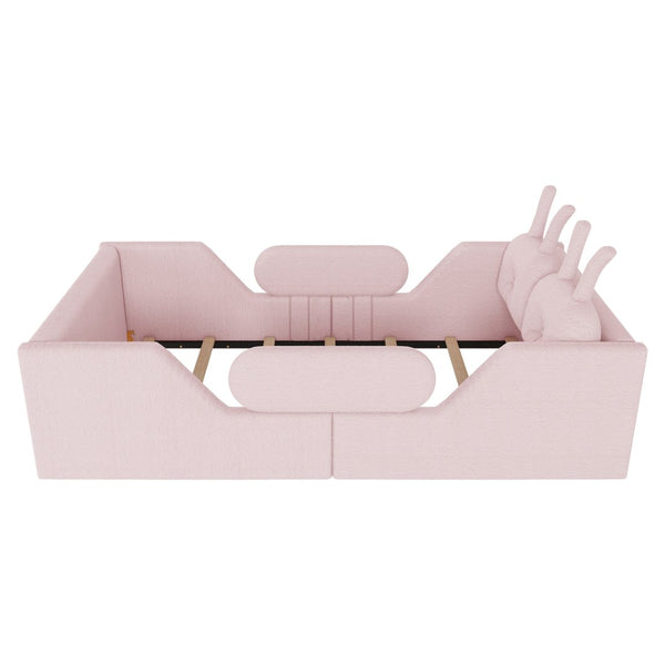English Elm Twin Kids Platform Bed Teddy Fabric Upholstered with Bunny Cushions and Safety Rails Pink W2593P395807