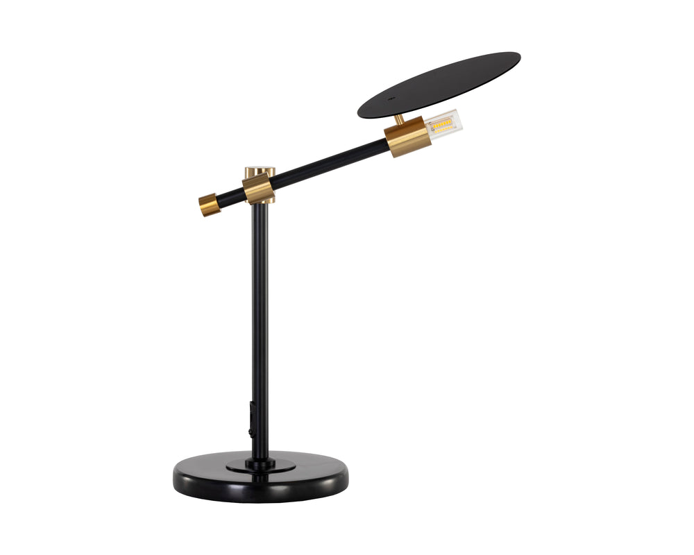 Sunpan Neela Table Lamp - Modern Black Disc Design with Brass Accents & Unique Marble Base for Elegance
